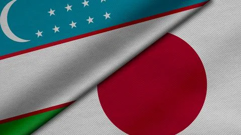 3D Rendering of two flags from Republic of Uzbekistan and Japan together with Stock Illustration