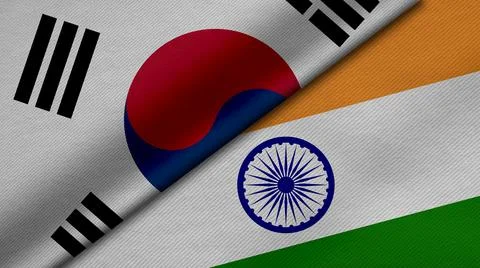 3D Rendering of two flags from Republic of Korea and India together with fabr Stock Illustration