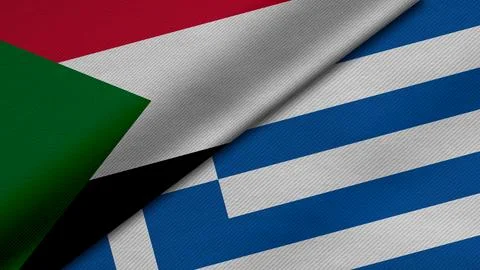 3D rendering of two flags of Republic of the Sudan and greece together with.. Stock Illustration
