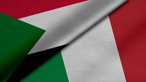 3D rendering of two flags of Republic of the Sudan and Italian Republic tog.. Illustrazione stock