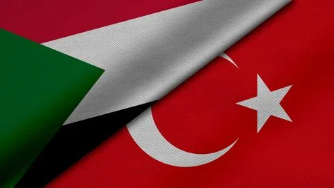 3D rendering of two flags of Republic of the Sudan and Republic of Turkiye .. Stock Illustration