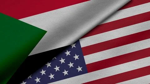 3D rendering of two flags of Republic of the Sudan and United States of Ame.. Stock Illustration