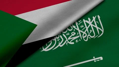 3D rendering of two flags of Republic of the Sudan and Islamic Saudi Arabia.. Stock Illustration