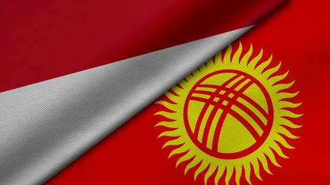 3D rendering of two flags of Republic of Indonesia and Kyrgyz Republic toge.. Illustrazione stock