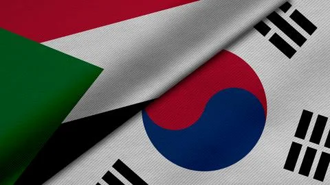 3D rendering of two flags of Republic of the Sudan and Republic of Korea to.. Stock Illustration