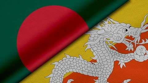 3D rendering of two flags of Republic of Bangladesh and Kingdom of Bhutan t.. Foto stock