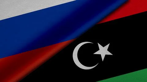 3D Rendering of two flags from Russian Federation and State of Libya together Stock Illustration