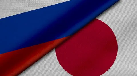 3D Rendering of two flags from Russian Federation and Japan together with fab Stock Illustration