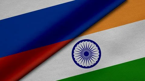 3D Rendering of two flags from Russian Federation and India together with fab Stock Illustration