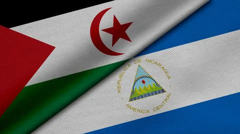 3D Rendering of two flags from Sahrawi Arab Democratic and Republic of Nicara Foto stock