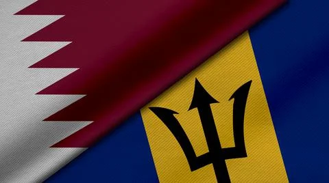 3D Rendering of two flags of State of Qatar and Barbados together with fabric Stock Illustration