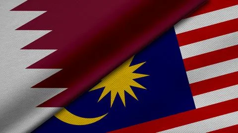 3D Rendering of two flags of State of Qatar and Malaysia together with fabric Illustrazione stock