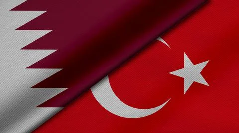 3D rendering of two flags of State of Qatar and Republic of Turkey together w Stock Illustration
