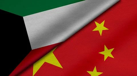 3D Rendering of two flags from State of Kuwait and China with fabric texture, Foto stock