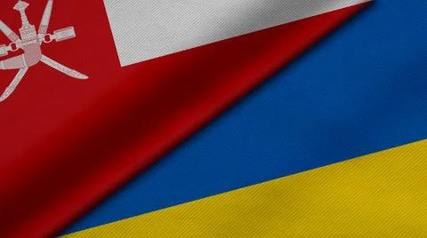 3D Rendering of two flags from Sultanate of Oman and Ukraine together with fa Illustrazione stock
