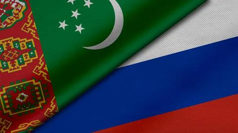 3D Rendering of two flags from Turkmenistan  and Russian Federation together  Stock Illustration