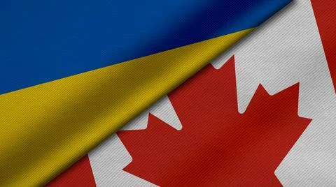 3D Rendering of two flags from ukraine and Canada together with fabric textur Stock Illustration
