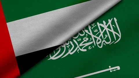 3D Rendering of two flags of United Arab Emirate and Saudi Arabia together wi Stock Illustration