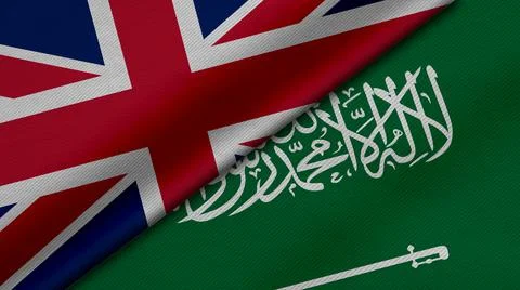 3D Rendering of two flags from United Kingdom or Britain and Saudi Arabia tog Stock Illustration