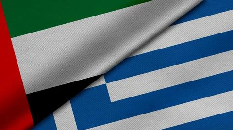 3D rendering of two flags of United Arab Emirates and Greece together with fa Stock Illustration