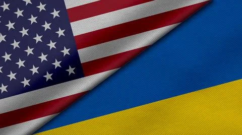 3D Rendering of two flags from United States of America and Ukraine together  Stock Illustration