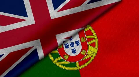3D Rendering of two flags from United Kingdom or Britain and Portuguese Repub Illustrazione stock