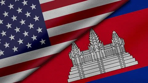 3D Rendering of two flags from United States of America and Kingdom of Cambod Stock Illustration