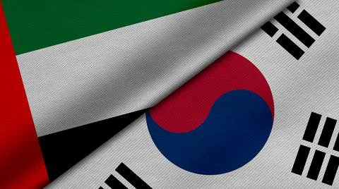 3D rendering of two flags of United Arab Emirate and Republic of Korea togeth Stock Photos