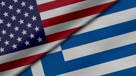 3D Rendering of two flags from United States of America and greece together w Foto stock
