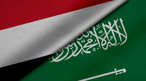 3D Rendering of two flags of Yemen and Saudi Arabia together with fabric text Stock Illustration