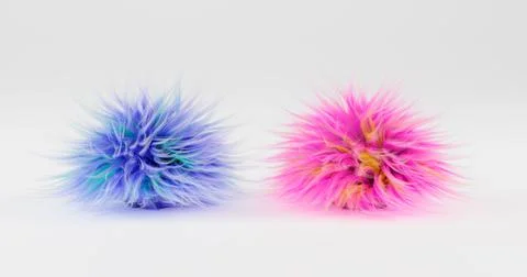 3d rendering. Two fluffy balls of blue and pink color lie on a plane, isolate Stock Illustration