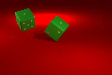 3d rendering. two green dice on red background 스톡 일러스트