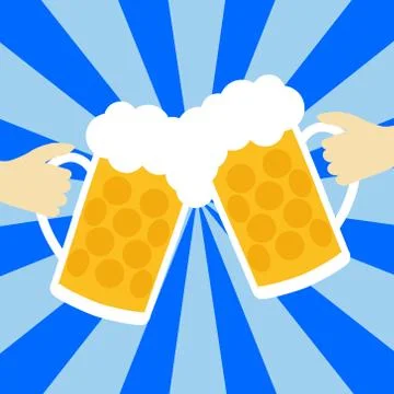 3D rendering of two hands holding mugs of beer on abstract blue background Stock Illustration