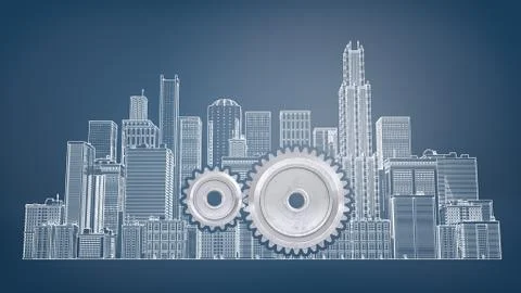 3d rendering of a two interlocking gears inside a large drawn picture of city Stock Illustration