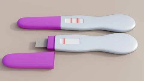 A 3D rendering of two isolated white pregnancy test sticks with magenta caps. Stock Illustration