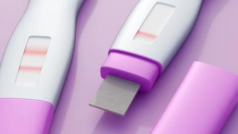 A 3D rendering of two isolated white pregnancy test sticks with magenta caps. Stock Illustration