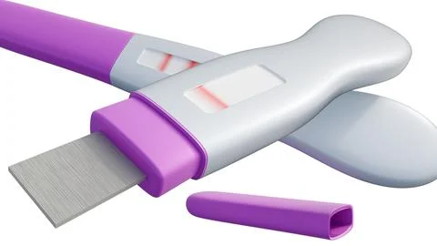 A 3D rendering of two isolated white pregnancy test sticks with magenta caps. Stock Illustration