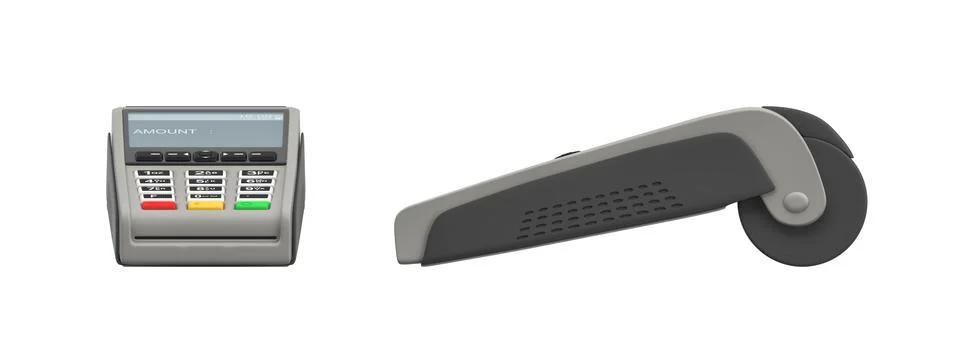 3d rendering of two large payment terminals in front and side views from surface 스톡 일러스트