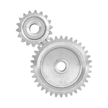 3d rendering of a two metal gears of different size connected to each other on a Stock Illustration