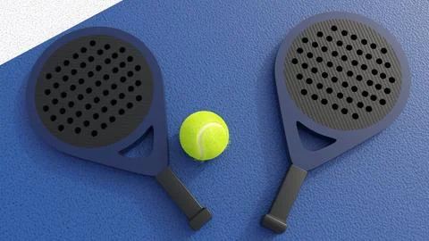 A 3d rendering of two metallic blue frame paddle rackets and a ball Stock Illustration