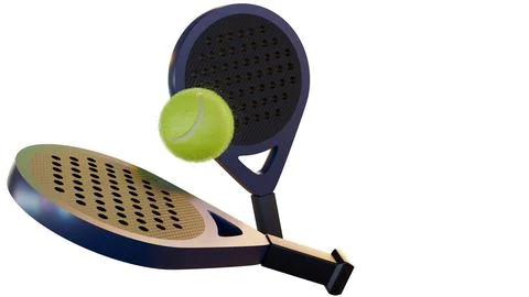 A 3d rendering of two metallic blue frame paddle rackets and a ball Stock Illustration
