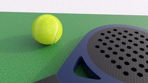 A 3d rendering of two metallic blue frame paddle rackets and a ball Stock Illustration