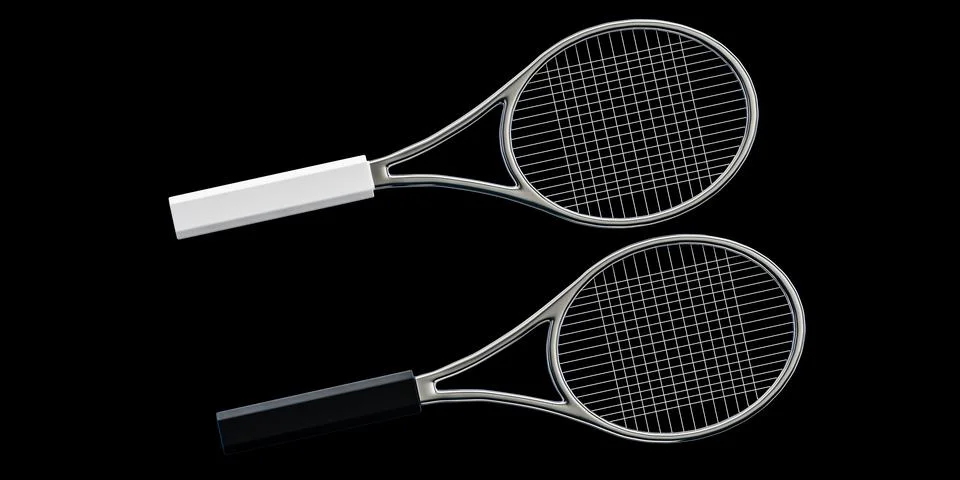 3d rendering two modern tennis rackets sports equipment isolated dark black.. Stock Illustration