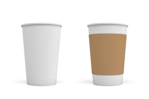 3d rendering of two open white coffee cups, one with a carton sleeve on and one Stockillustratie
