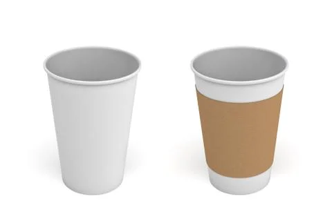 3d rendering of two open white coffee cups, one with a carton sleeve on and one Ilustração Stock