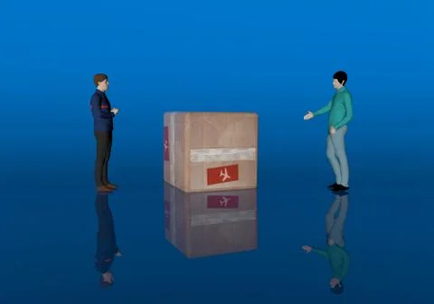 3D rendering of two people with a delivery box isolated on a blue background 库存插图