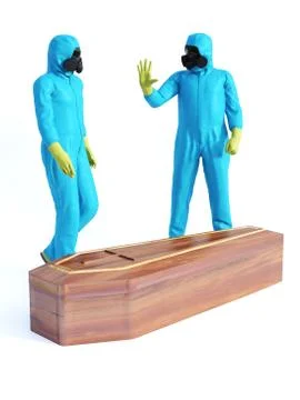 3D rendering of two persons in hazmat suit with coffin. Stock Illustration