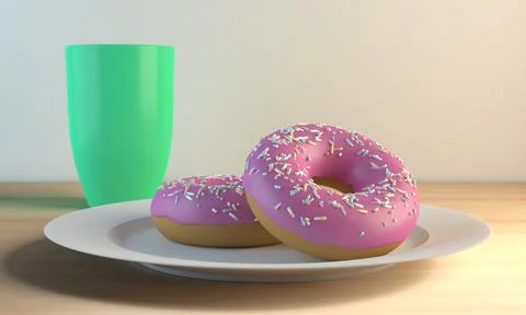 3d rendering two pink chocolate covered donuts on a plate and cup on a wooden ta Stock Illustration