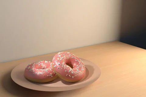 3d rendering of two pink chocolate covered donuts on a plate Stock Illustration