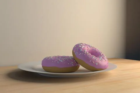 3d rendering of two pink chocolate covered donuts on a plate Stock Illustration